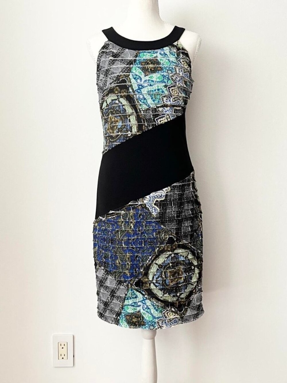 Samuel Dong Little Black Dress LBD Bodycon XS Tier Flutter Blue Print Artsy Sexy